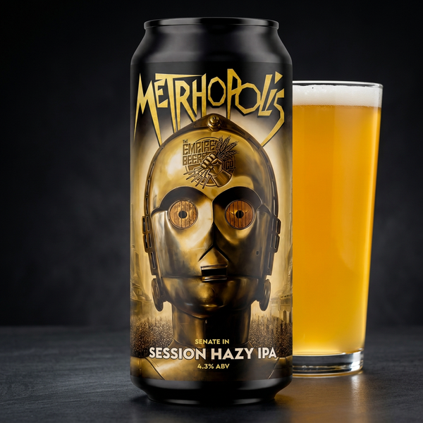Metrhopolis can beside a glass of hazy beer